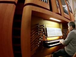 MS TU Organist looking in music book and playing organ   / Saarburg, Rhineland-Palatinate, Germany Stock Footage