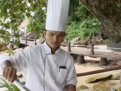 MS ZO Chef putting ingredients onto grill / Sihanoukville, Cambodia Stock Footage