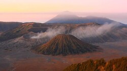 Sumeru and Bromo mount at sunrise,Tengger Semeru National Park Stock Footage