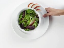 CU Woman hand entering setting down round white plate with bowl of lettuce and apple slices / Omaha, Nebraska, United States Stock Footage