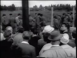 B/W 1961 REAR VIEW people watching soldiers put up barbed wire fence of Berlin Wall / Germany Stock Footage