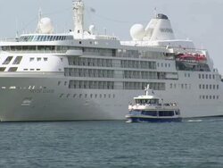 WS Ferry ship on river Warnow, shipyard / Warnemuende near Rostock, Mecklenburg-Western Pomerania, Germany Stock Footage