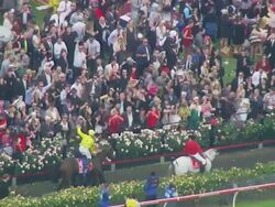 MS AERIAL View of Melbourne cup horse racing / Melbourne, Victoria, Australia Stock Footage