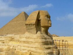 WS PAN View of tourist at Sphinx with pyramid / Giza, Egypt Stock Footage