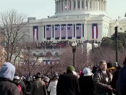January 20, 2009 WS MONTAGE Sections of the crowd on the National Mall at the inauguration of Barack Obama / Washington DC / AUDIO Stock Footage