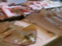 CU PAN Dead blue spotted stingrays and whole sharks for sale on fish counter / Brunei, Brunei Darussalam Stock Footage