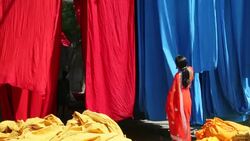 An Indian woman examines the quality of freshly dyed fabrics at a Sari garment factory. Stock Footage