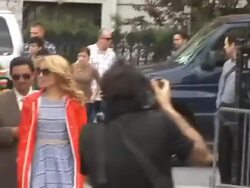 Chris Colfer (L), Ashley Fink and Dianna Agron make their way to the set in Washington Square Park in Greenwich Village in New York 04/29/11 (Footage by WireImage Video/GettyImages) Stock Footage