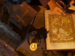 HD CRANE: Monk Drawing A Sacred Image Stock Footage