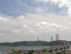 WS View of skyline of Tagus River with "Ponte 25 de Abril" and "Cristo Rei" / Lisbon, Portugal   Stock Footage