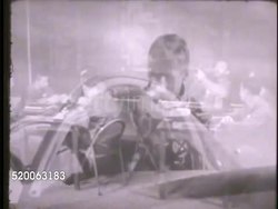 1950s: UNITED STATES AIR FORCE ACADEMY: VS Pilot showing cadet cockpit of fighter airplane. INT VS Cadets in classroom, one holding model of plane. EXT VS Cadets sitting outdoors during ceremony, at attention. US Air Force, military, training Instructional Video