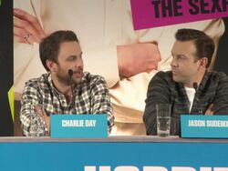INTERVIEW - Charlie Day and Jason Sudeikis on the social commentary behind the comedy at 'Horrible Bosses 2' press conference Stock Footage