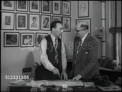 1948: NEW YORK CITY: 20TH CENTURY SPORTING CLUB OFFICE: WS Harry Markson standing w/ Sol Strauss behind desk in office, Harry talking (No SOT) gesturing to paperwork on desk w/ pen or pencil, unidentified male bringing them clippings. Instructional Video
