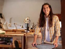 MS PAN Shot of portrait of jeweler in his studio / Santa Fe, New Mexico, United States Stock Footage