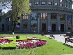 Yerevan, the Armenian National Academic Theatre of Opera and Ballet after Alexander Spendiarian, and the statue of Aram Khachaturian  Stock Footage