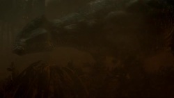 A fireball blasts through a forest as dinosaurs flee in a computer generated animation. Stock Footage