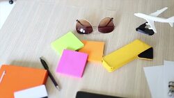 Wood desk and office supplies Stock Footage