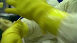 A worker wraps tape around a gloved hand to secure it to protective clothing. Stock Footage