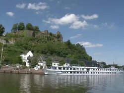 WS T/L View of old town and castle ruin near river Saar / Saarburg, Saar-Valley, Rhineland-Palatinate, Germany Stock Footage