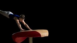 SLO MO DS Male gymnast doing front handspring on vault Stock Footage