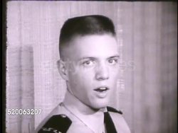 1963: UNITED STATES AIR FORCE ACADEMY: REENACTMENT: VS Unidentified cadets (could be first year doolies) in room talking to camera about reasons for joining Air Force Academy (SOT). Recruits, trainees, Colorado, CO Instructional Video