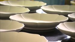 Pretty petal shaped ceramic plates fill a smooth surface. Stock Footage