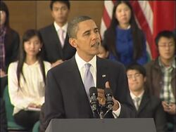 WRAP Obama speaks at town hall meeting ADDS arrives in Beijing News Clip