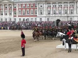 MS Shot of Queen's Birthday Parade with horse gurads in Trooping Colour at Whitelhall AUDIO / London, United Kingdom Stock Footage