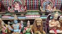Statues cover the Gopuram of the Sri Mariamman Temple in Singapore. Stock Footage