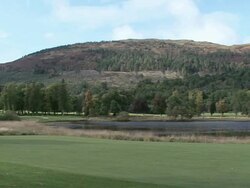 PAN Scenic Loch Lomond Golf Course / Scotland, United Kingdom Stock Footage