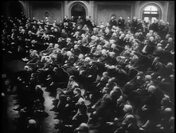 B/W 1945 high angle wide shot congressmen listen attentively Roosevelt's last address to Congress / Capitol Bldg Stock Footage