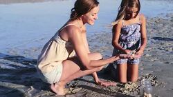 Mother and daughter collecting seashells on beach Stock Footage