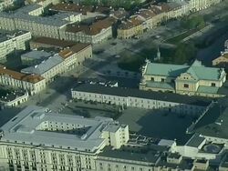 Buildings in Krakowskie Przedmiescie Street: Church of St. Joseph of the Visitationists, Bristol Hotel, House Without Corners, Europejski Hotel, St. Anne's Church and not only. Warsaw's Old Town with the Royal Castle and Zygmunt's Column. Stock Footage