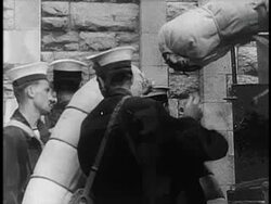B/W 1948 British sailors packing bags into back of truck / Israel / documentary Stock Footage