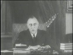 American citizens listen to U.S. President Franklin D. Roosevelt's Fireside Chat concerning America's banking system. News Clip