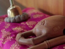 Shot of Wooden Gong tha is religious equipment of Buddhism Stock Footage