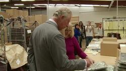 The Prince of Wales visits Abraham Moon and Sons' vertical woollen mill. News Clip