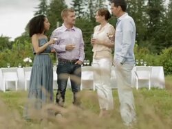 Four people toasting with wine glasses at farm dinner party Stock Footage