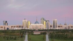 Central Asia, Kazakhstan, Astana, City Skyline and Ak Orda Presidential Palace of President Nursultan Nazarbayev Stock Footage