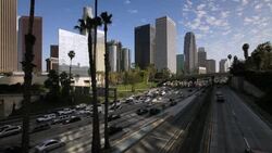 Congested traffic moves on the 110 Harbor Freeway in downtown Los Angeles. Stock Footage