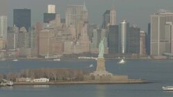 'WS ZI ZO AERIAL View of statue of liberty / New York City, United States' Stock Footage