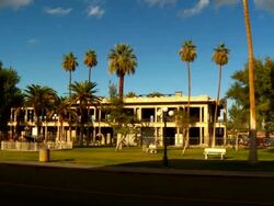 WS, PAN, Abandoned old Needles train station and hotel ruin, California, USA Stock Footage