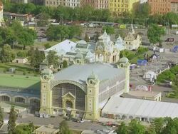 WS AERIAL View of Exhibition compound contains Palace of Industry / Prague, Czech Republic Stock Footage
