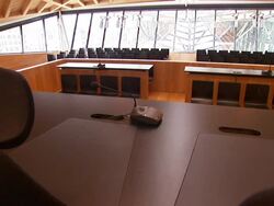 A judge's bench faces an empty courtroom. Stock Footage