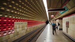 Subway passengers board a Train at the Staromi Siska station in Prague. Stock Footage