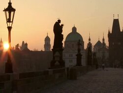 MS Sun rising behind old town  / Prague, Hlavni mesto Praha, Czech Republic Stock Footage