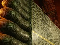 Tilt Up Shot Reclining Buddhas Feet Bangkok Thailand Stock Footage