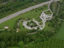 MS AERIAL ZO Shot of farmhouse and highway / Rhone Alpes, France Stock Footage