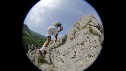 Excited man run to top Stock Footage