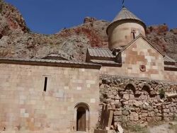 Noravank monastery, exterior view of Surb Karapet church Stock Footage